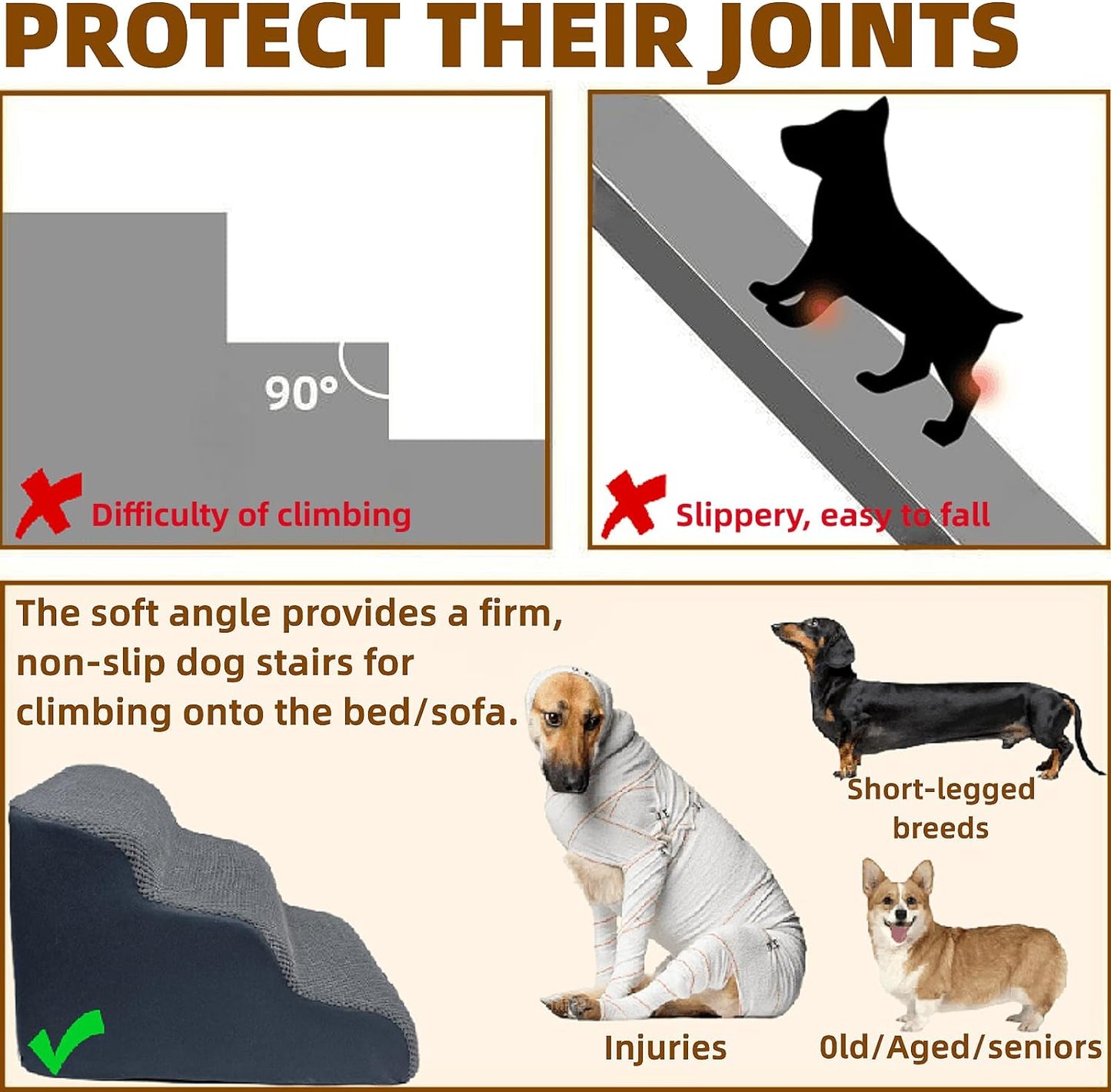 3-Step Dog Stairs for High Beds & Couches Multi-Step Non-Slip Pet Steps with Balanced Ramp Indoor 2 3 4 5 Step Stairs for Small to Large Dogs and Cats Non-Slip Stickers 30D Grey