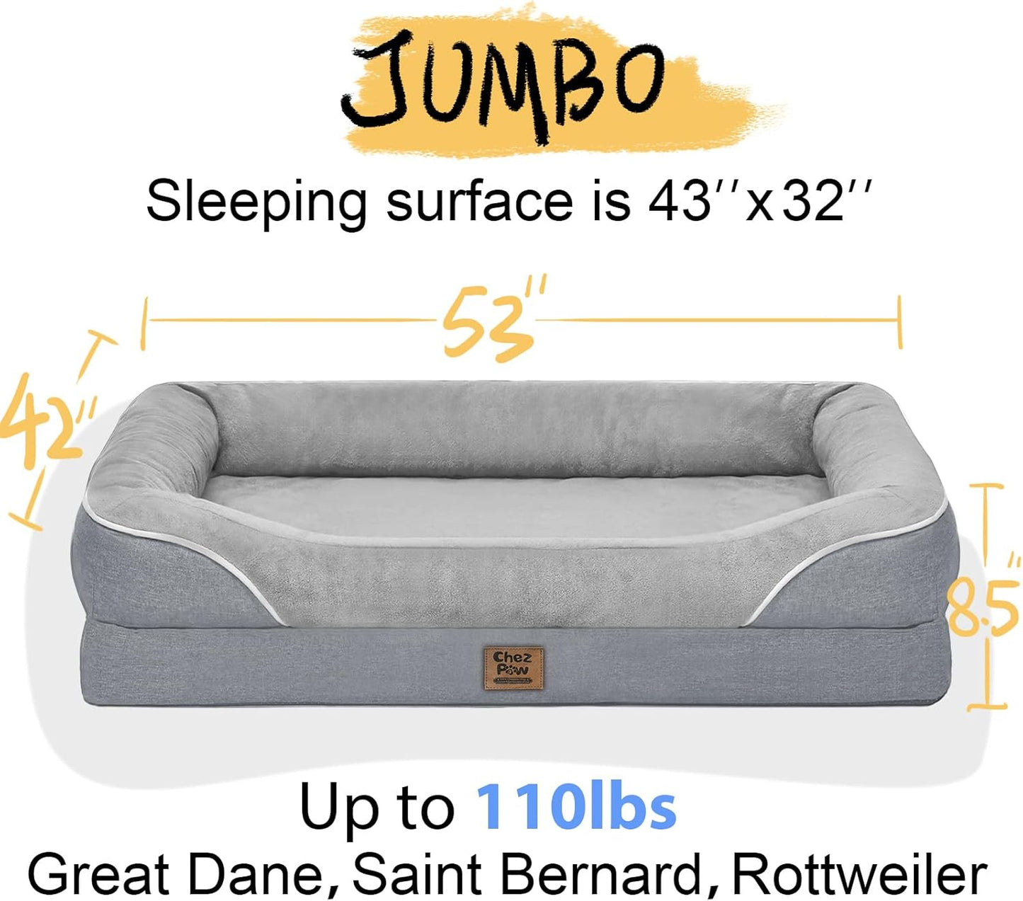 Washable Orthopedic Large Dog Bed - Removable Waterproof Cover with Bolster Extra Large Dog Bed Foam Support XL Large Big Pet Dogs Beds