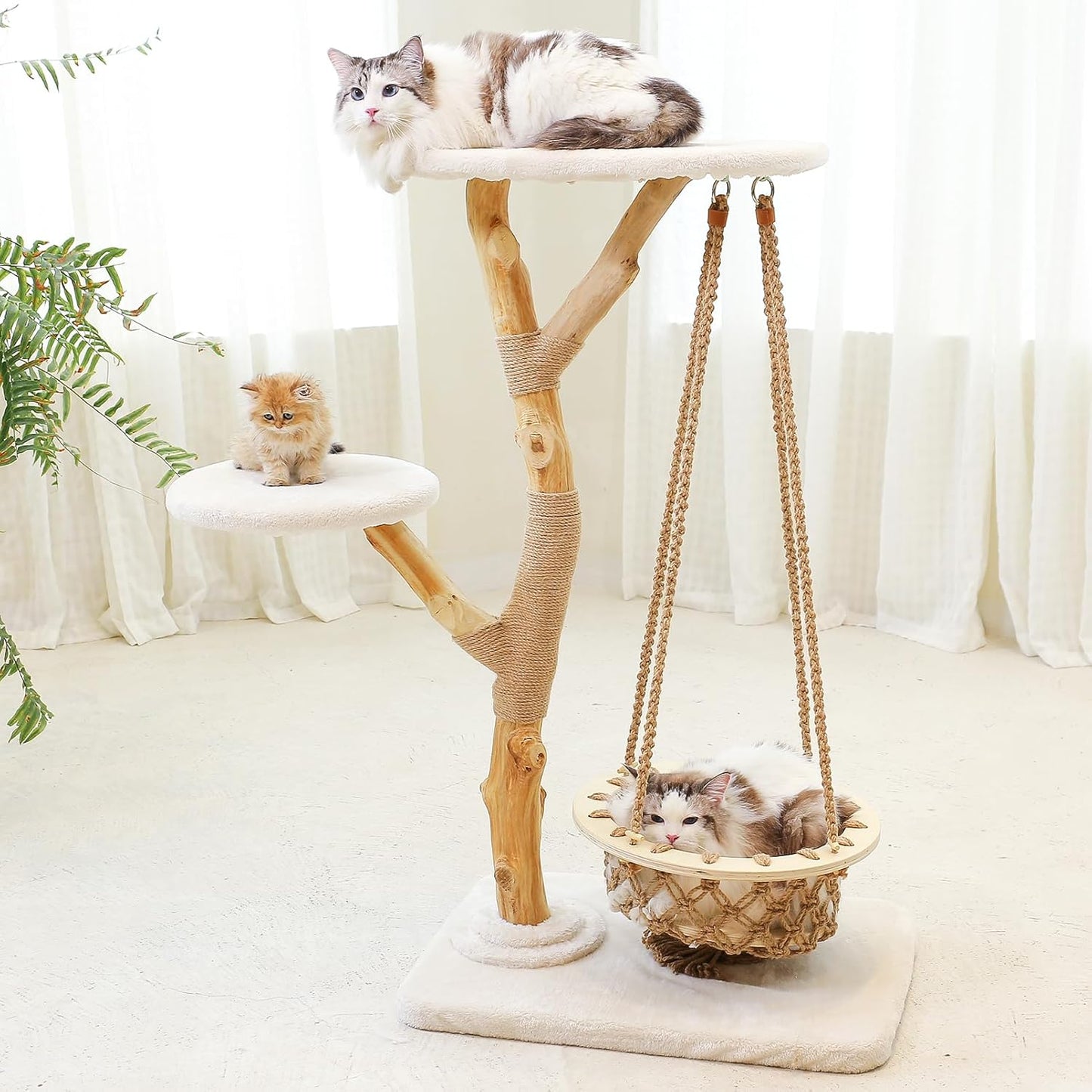 50" Tall Cat Tree Tower, Modern Cat Tree for Indoor Cats, Washable Wooden Perchs and Climbers for Large Cats, Cute Cat Furniture with Unique Cat Swing