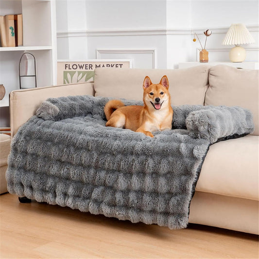 FUNNY FUZZY Pet Fluffy Plush Calming Dog Couch Bed Sofa Protector Washable Pets Mat for Large Medium Small Dogs and Cats (Grey,47.24 × 37.4 × 6.3 in)