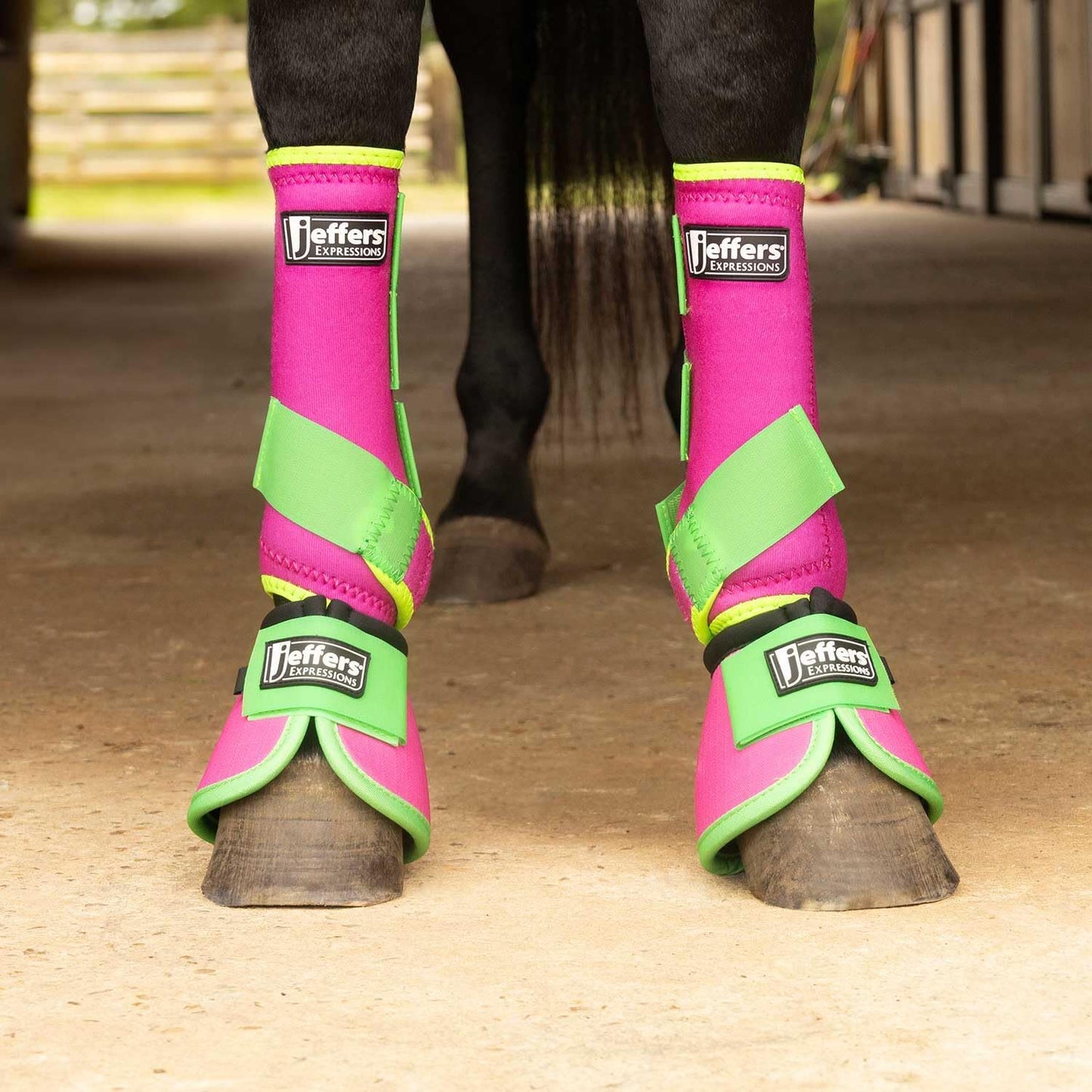 Jeffers Equine Neon Horse Boots – 1 Pair – Pink & Lime – Small Size – Breathable Neoprene, Secure Strap Closures – Durable Protection for Front & Hind Legs, Training, Trail & Riding Use