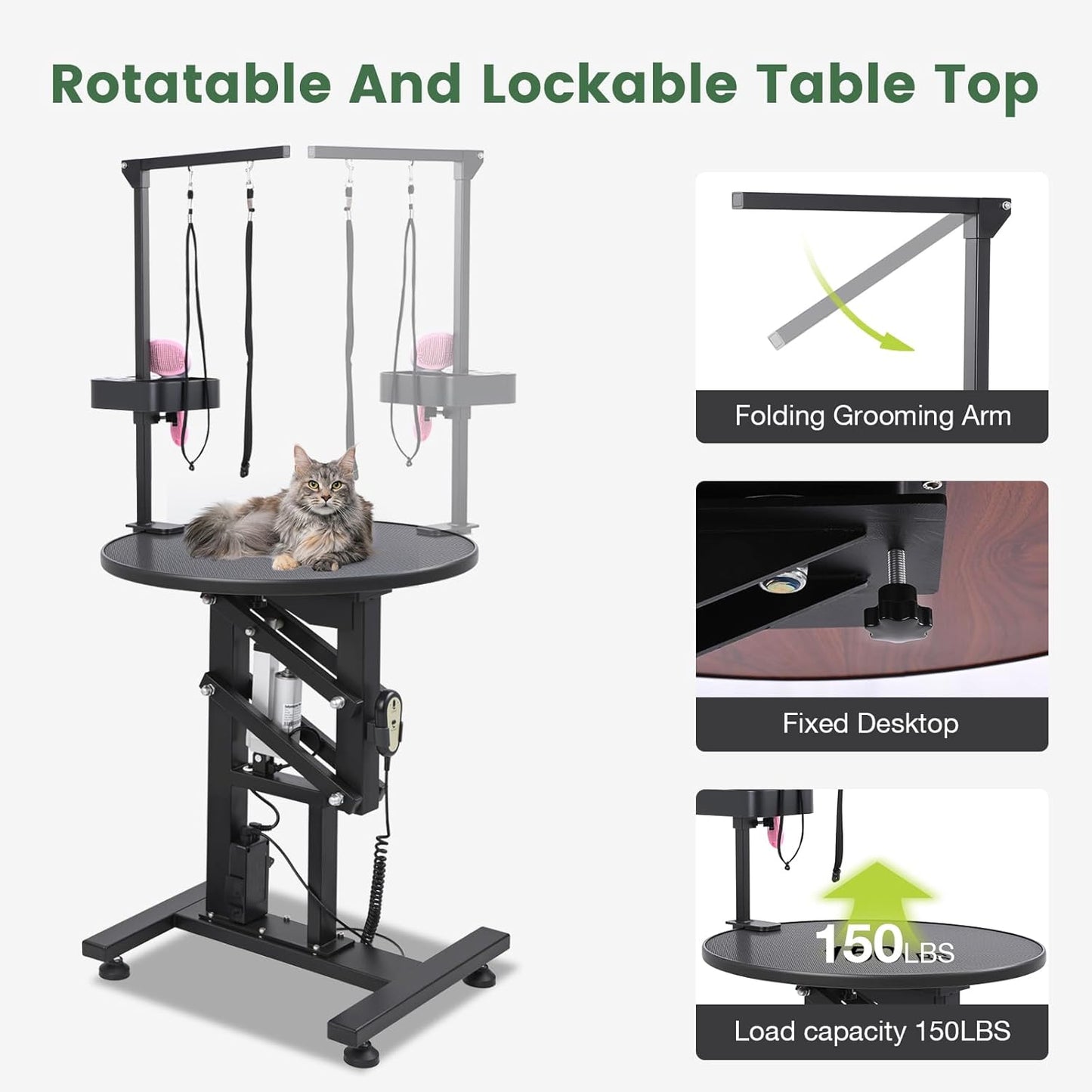 Electric Hydraulic Lift Pet Dog Grooming Table, 24Inch 360° Rotating Grooming Desktop for Small Dogs, with Overhead Arm, Wireless Remote, Tool Organizer, Black