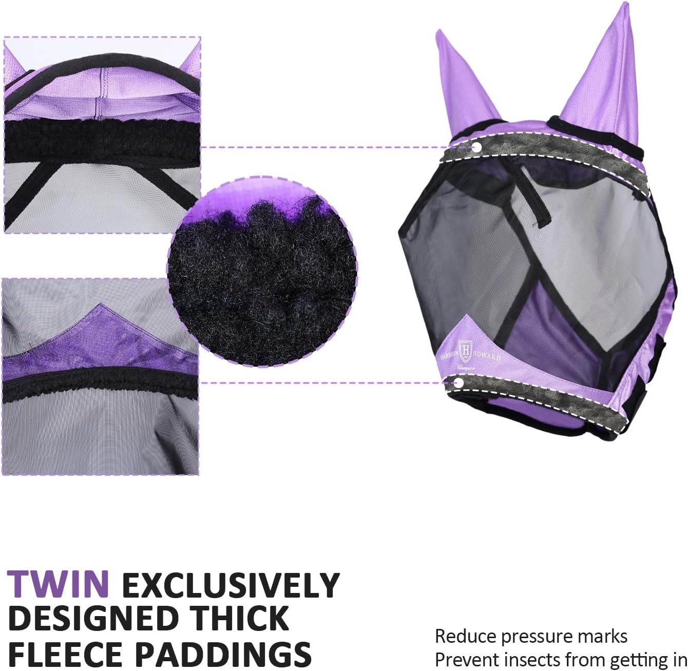 Harrison Howard Pro Luminous Horse Half Face Fly Mask Large Eye Space with Ears UV Protection for Horse Gentle Lavendar L