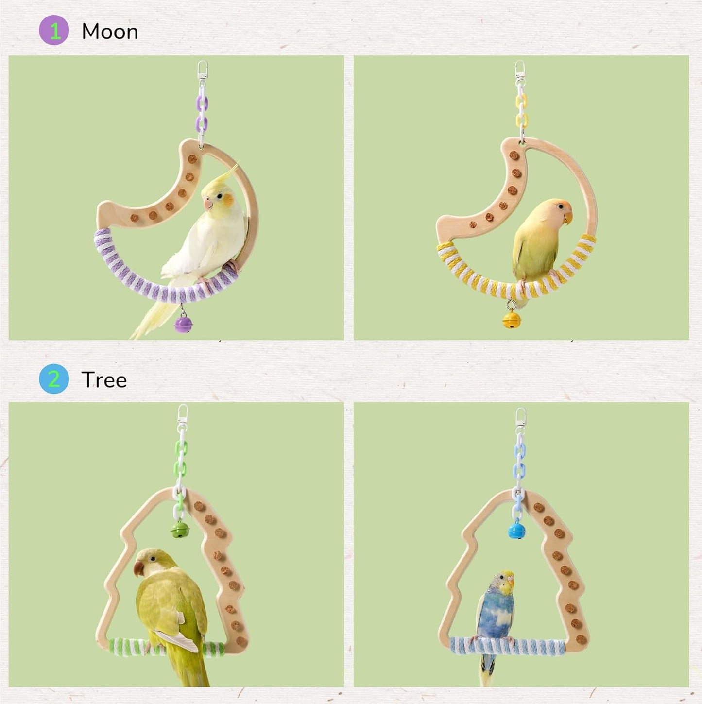Natural Bird Swing - Moon-Shaped Parrot Perch with Bell and Cork Toys, Spinning Wooden Stand for Parakeets, Budgies, Lovebirds and Small/Medium Birds (White + Blue)