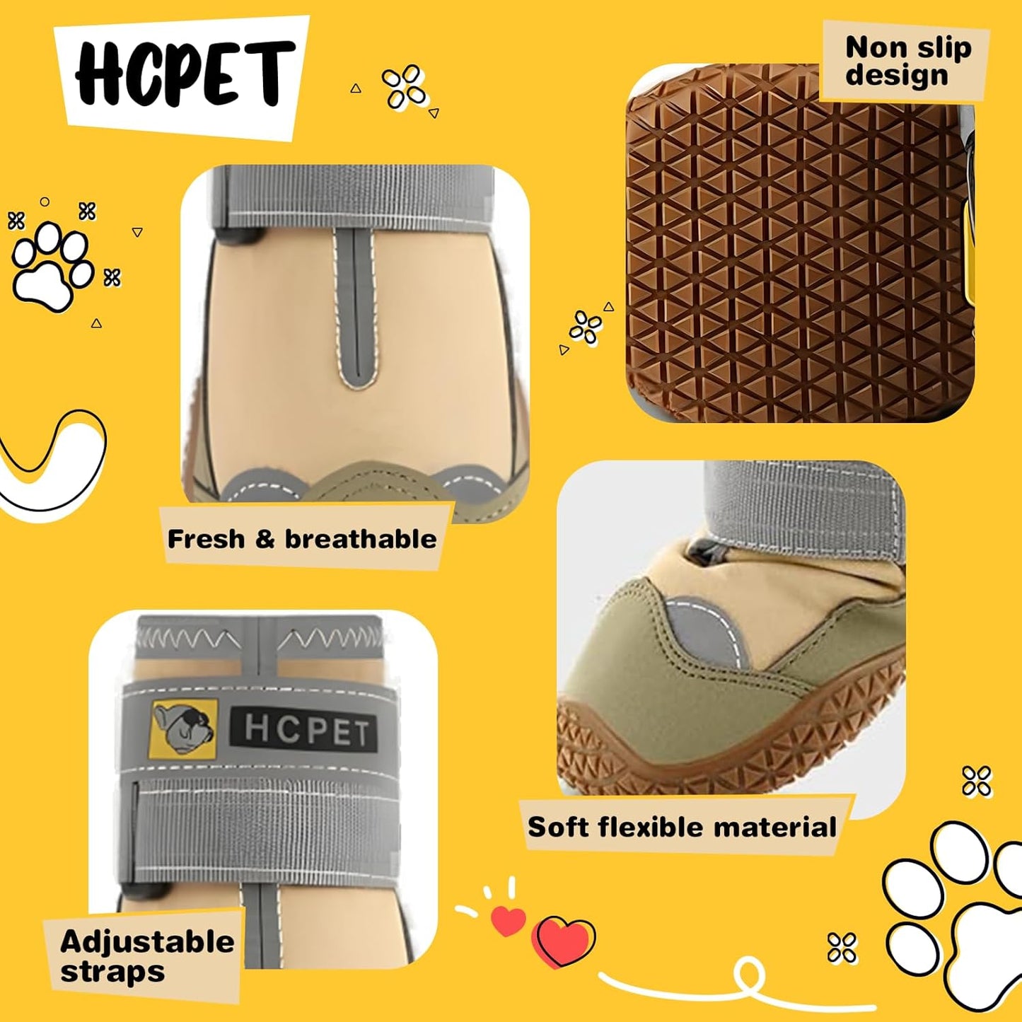 Hcpet Dog Shoes for Large Dogs, Waterproof Dog Booties for Small Medium Dogs, Anti-Slip Dog Boots & Paw Protectors for Hot Pavement Winter Snow Hiking with Reflective Straps Khaki Size 4