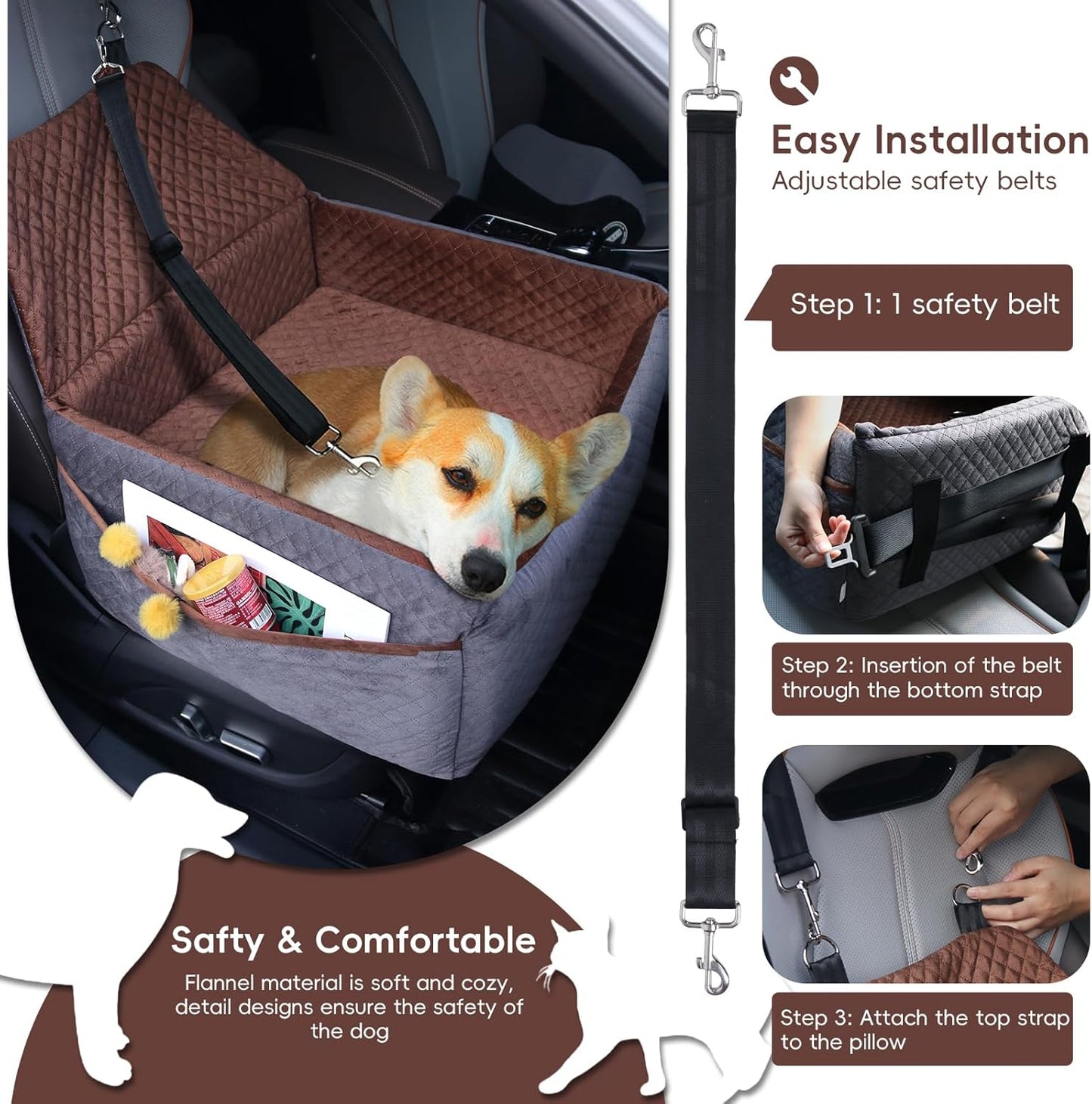 Dog Car Seat for Small Medium Dogs, Soft Fabric Dog Booster Seat with Storage Pockets, Safety Belt, Comfy Pet Car Seat Travel Bed, Removable and Washable