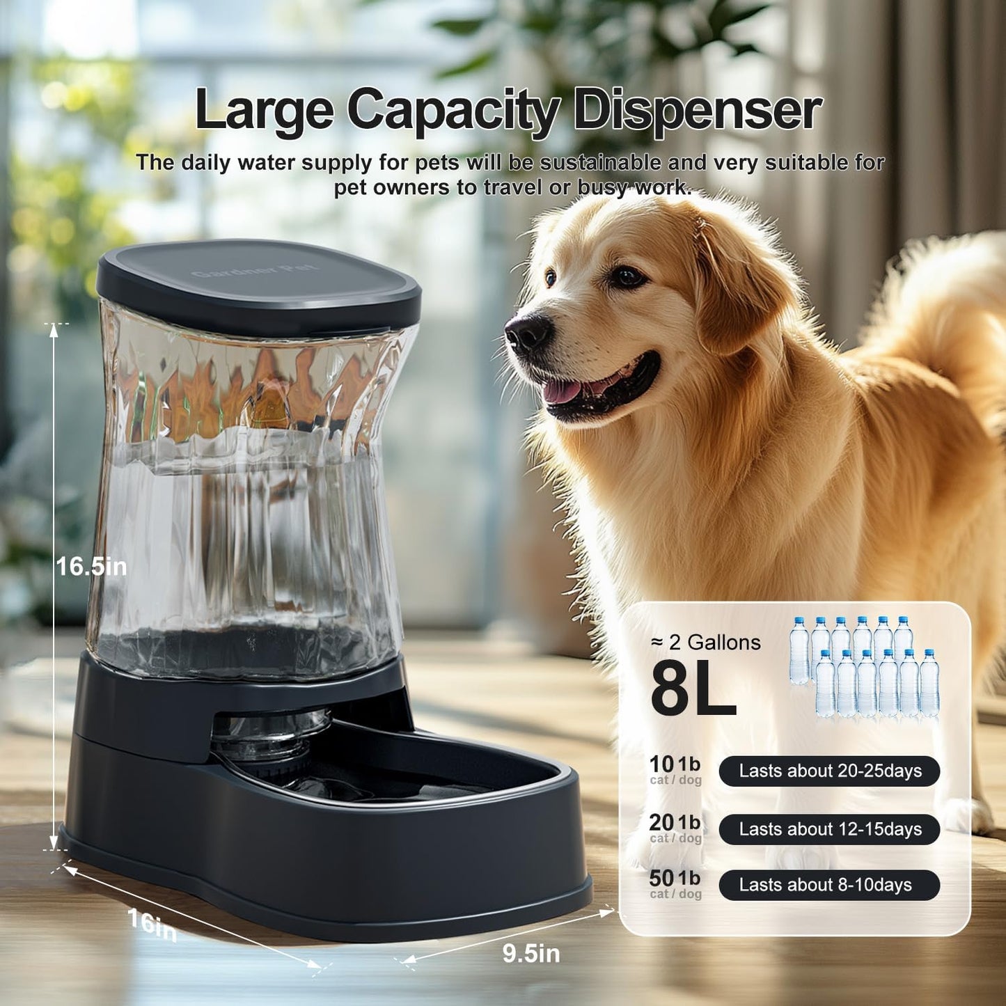 Gardner Pet Automatic Dog Water Dispenser Gravity Stainless Steel Water Waterer Feeder, 100% BPA-Free Large Capacity Water Feeding Bowls for Medium & Large-Sized Dogs,Cats, Other Pets -(2.1 Gallons)