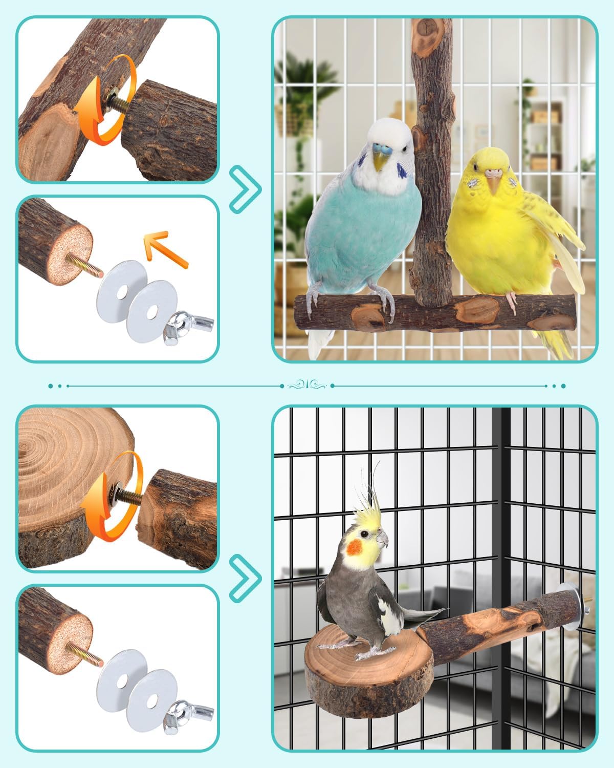 Bird Perches, 8pcs Natural Wood Parrot Perch Stand Chewing Toys Cage Accessories Hanging Multi-Branch Perch Platform Swing Toy Rope Perches for Small and Medium Parakeet, Conures, Budgies