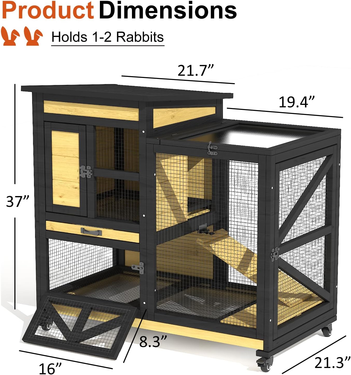 40'' Rabbit Cage Bunny Cage Indoor, Outdoor Rabbit Hutch for Small Animals, 2-Story Wooden Guinea Pig Cages with Wheels & 2 Deeper No Leak Trays, Waterproof Openable Roof & Bottom Wire Mesh