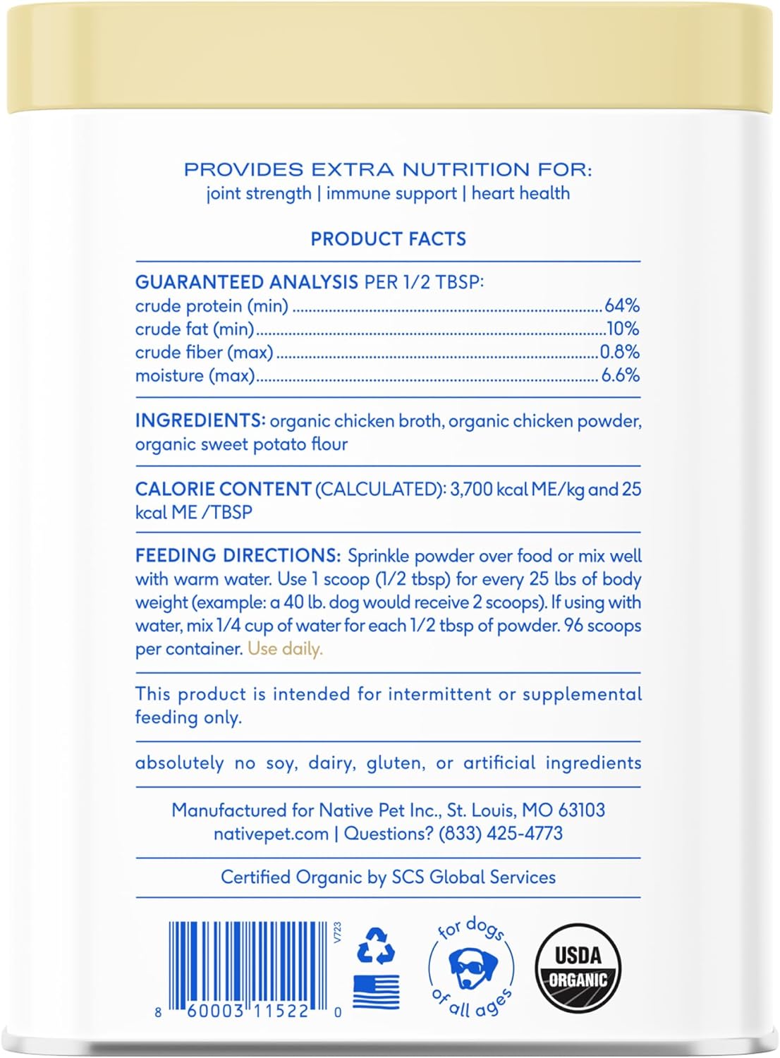 Native Pet Bone Broth for Dogs and Cats - Chicken Bone Broth Powder Dog Food Toppers for Picky Eaters - Provides Extra Nutrition for Joint Strength, Immune Support & Heart Health - 96 Scoops