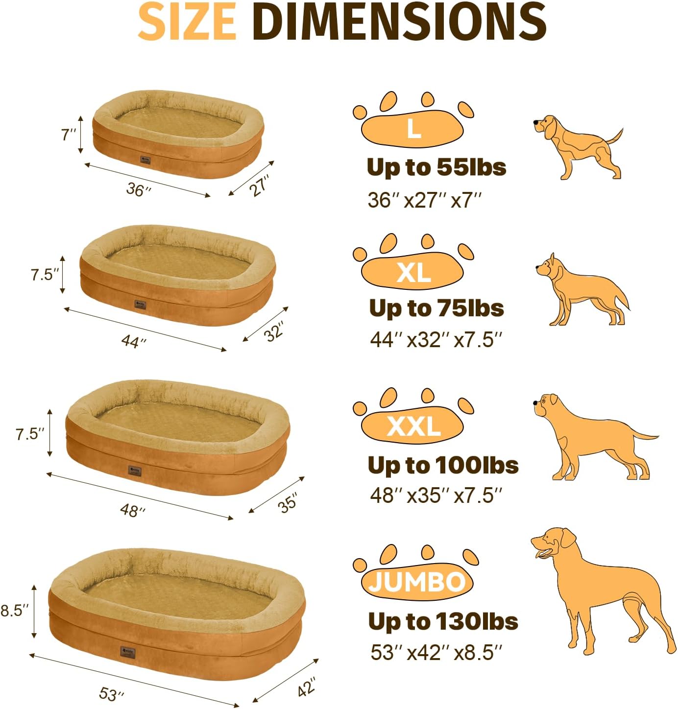Orthopedic Waterproof Large Dog Bed: Memory Foam Washable Dog Bed with Bolsters - XXL Orthopedic Removable Cover for Medium Large Sized Pet - Non-Slip Bottom - Orange