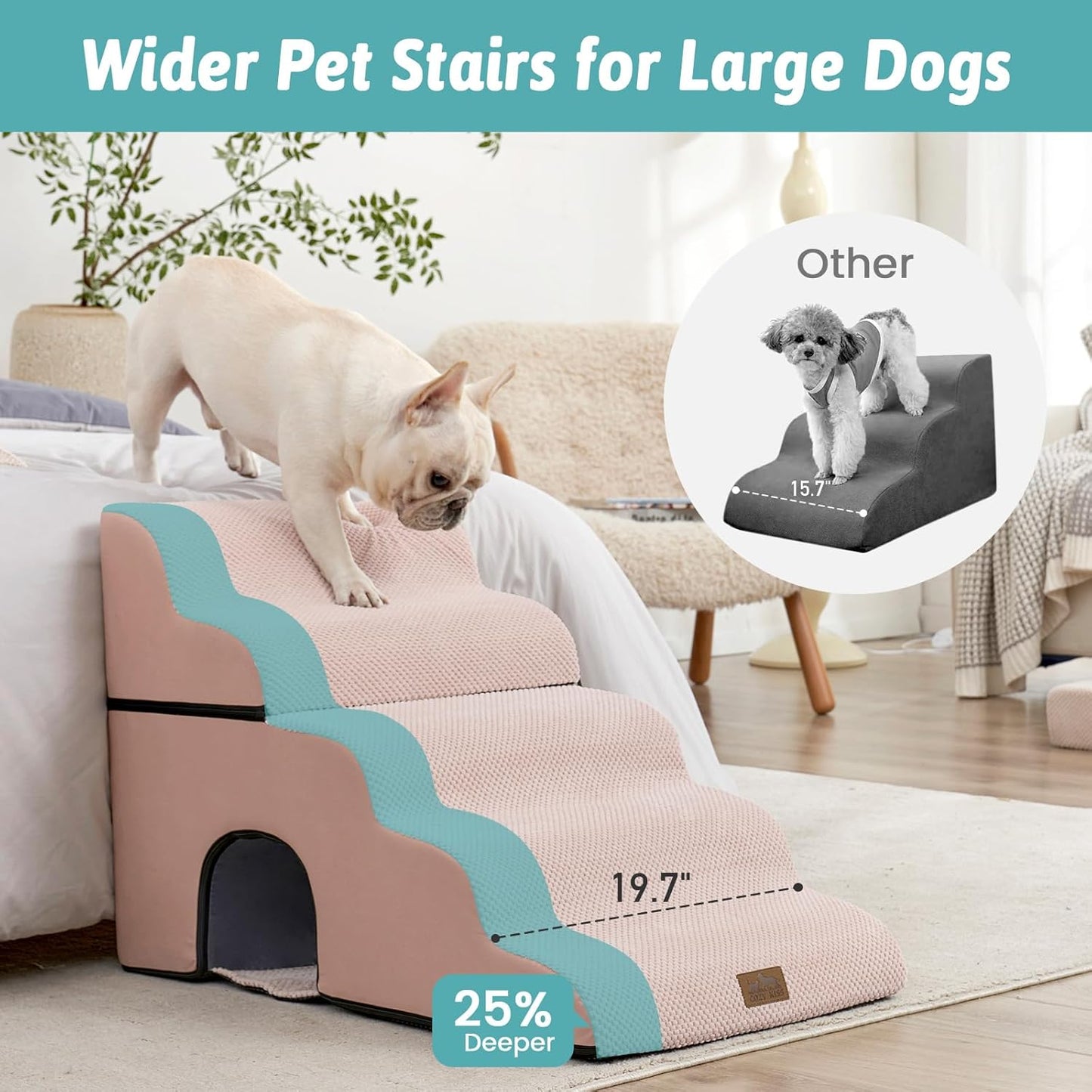 Extra Wide Dog Stairs with Tunnel, Detachable Large Pet Step for Small Medium Dog, Puppy or Cat, Ramp for High Bed, Couch, Sofa or Car, Stable, 19.7x33x22.4 inch, 5 Step, Pink