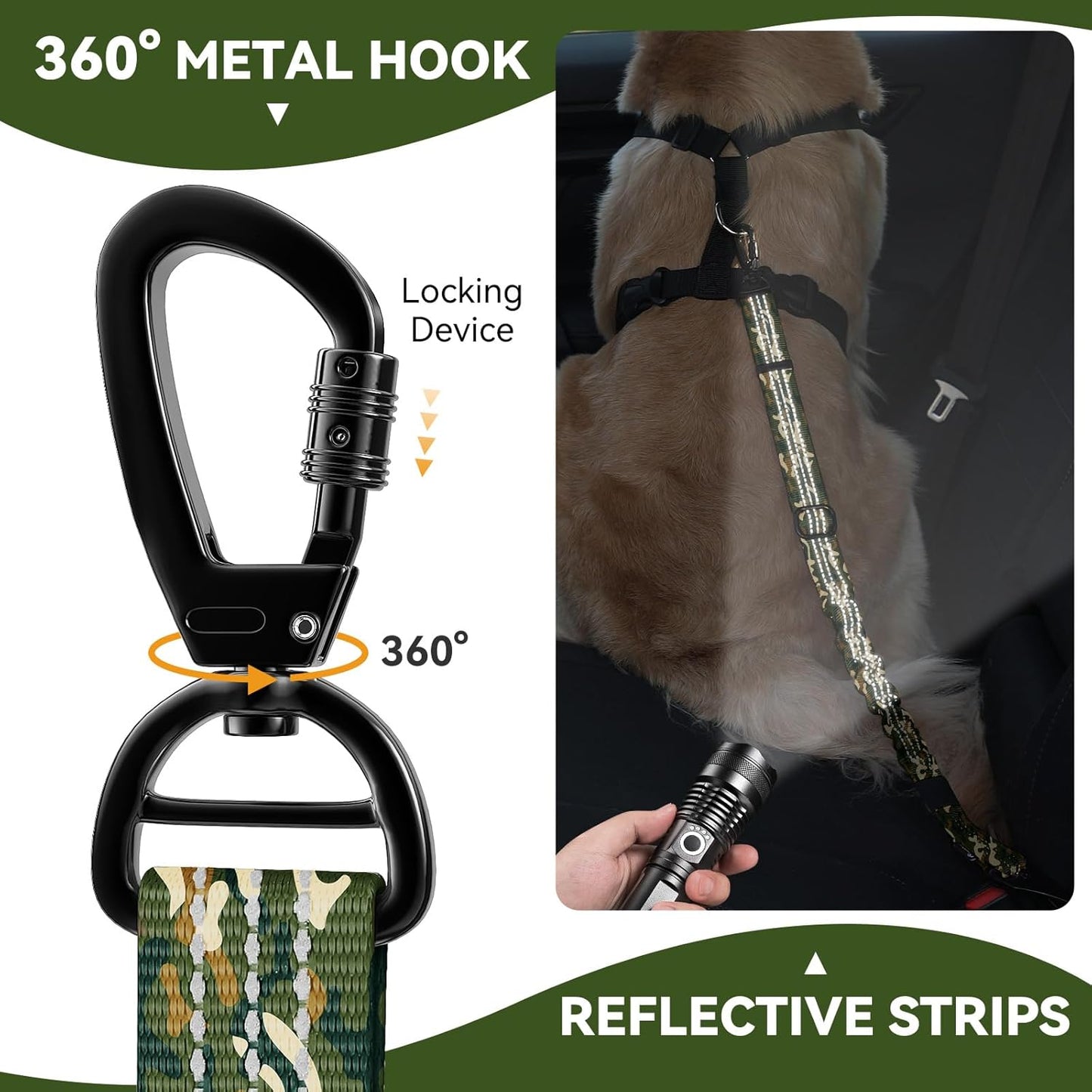 Pawaboo Dog Seatbelt for Car, 3-in-1 Dog Seat Belt Bungee, Shockproof Dogs Tether with Buckle&Hook Latch, Adjustable Reflective Dogs Cars Harness Leash with 360° Lockable Buckle, Army Green Camouflage