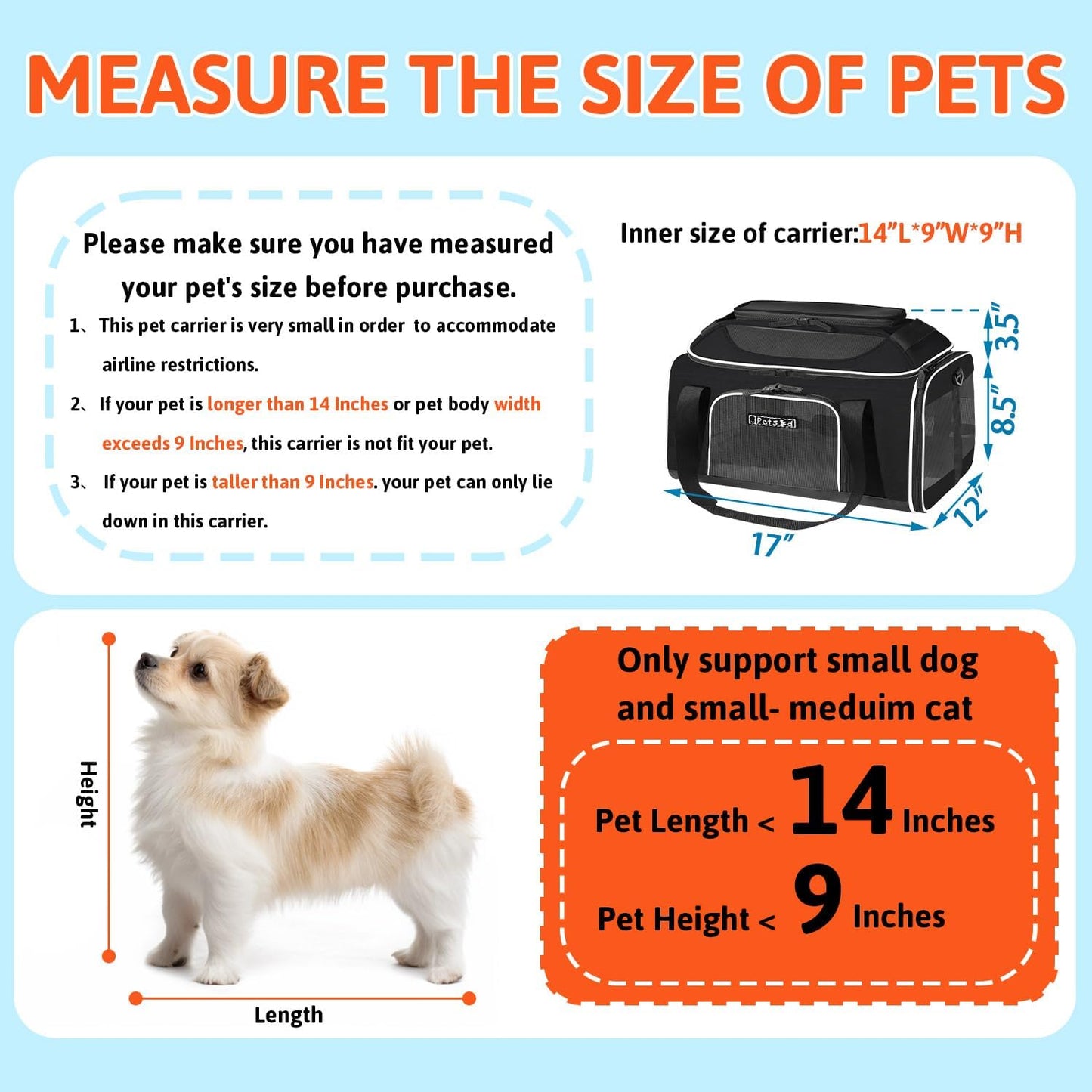 Petskd Top-Expandable Pet Carrier 17x12x8.5 Inches JetBlue Allegiant Spirit Airline Approved, Soft-Sided Carrier for Small Cats and Dogs with Locking Safety Zippers and Anti-Scratch Mesh(Black)