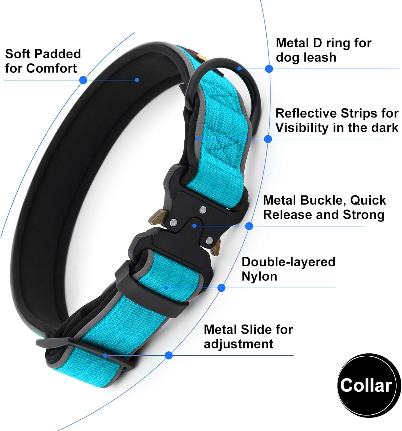 Plutus Pet Tactical Dog Collar, Reflective, Adjustable Heavy Duty Dog Collar, Soft Padded and Comfortable, for Small Medium and Large Dogs (Cyan, XL)