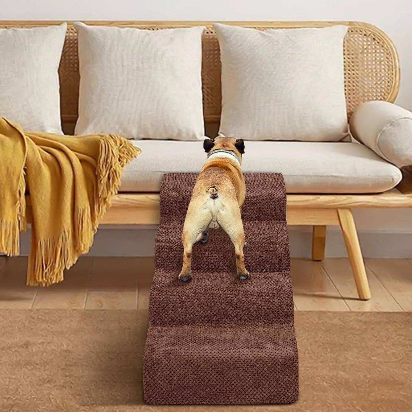 Dog Stairs for Small Dogs - High Density Foam Pet Steps, Extra Wide Dog Ramp with Non-Slip Bottom for High Beds, Couch and Sofa, Best for Dogs Injured, Older Doggy Cats,4 Steps, Brown