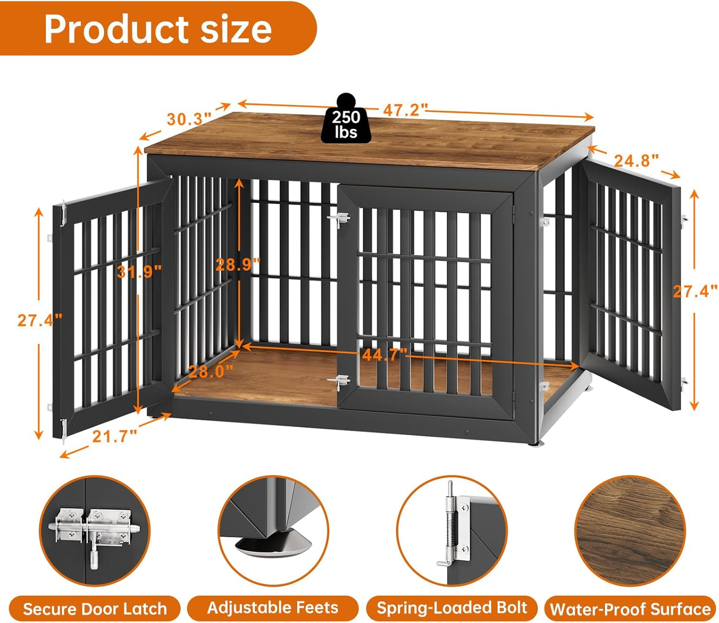 48" Heavy Duty Dog Crate Furniture for Small,Medium and Large Dogs,Rustic Wooden Dog Cage Kennel Indoor Furniture with Waterproof Top,Decorative Pet House Side End Table (Black & Wood)