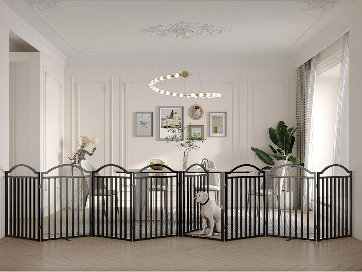 BHG Metal No-Assembly Freestanding Dog Gate with Door Walk Through, Extra Wide 96", Extra Tall 32" Pet Gate, Accordion Puppy Folding Playpen Dog Fence, with 2PCS Support (Black, 8 Panels)