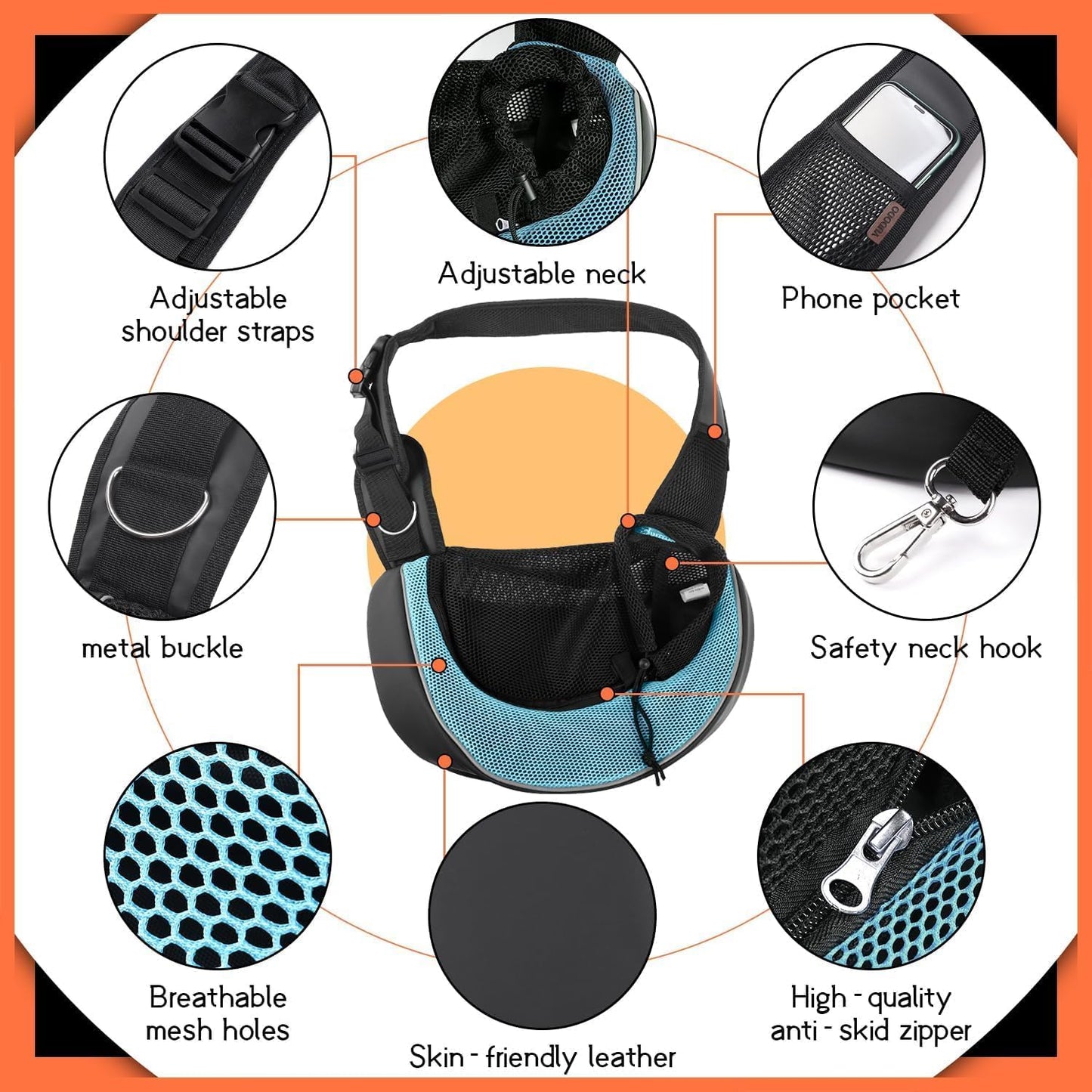 YUDODO Pet Sling Carrier for Small Dogs & Cats – Hands-Free Puppy Carrier with Safety Hook, Large Zipper Pocket, Soft Breathable Mesh, Adjustable Strap & Reflective Strip (Cyan 3.0 M)
