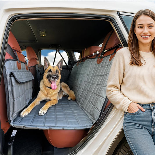 APetsPlanet Dog Car Seat Cover for Back Seat Hard Bottom - Waterproof Backseat Extender for Dogs - Pet Hammock Bed for Car, Truck, SUV with Mesh Window & Storage - Gray Leather, with Door Covers