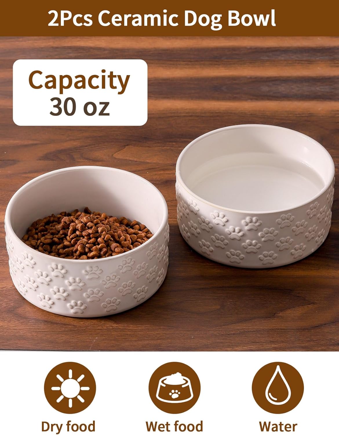 UBEE Ceramic Dog Food Bowl Set of 2, 6.1 inch Dog Dish Bowl with Paw Pattern, Pet Food Water Dish Feeding for Small and Meidum Dogs and Large Cat, White