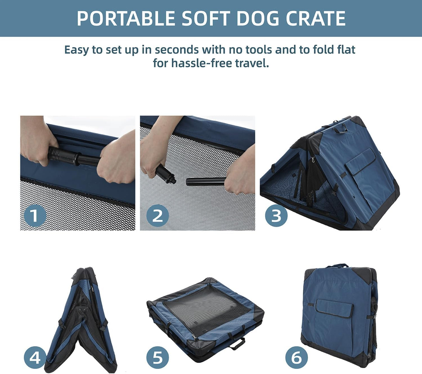 36 Inch Collapsible Crate for Large Dogs, 4-Door Foldable Soft Kennel with Chew Proof Mesh Windows for Indoor & Outdoor Travel,Navy Blue