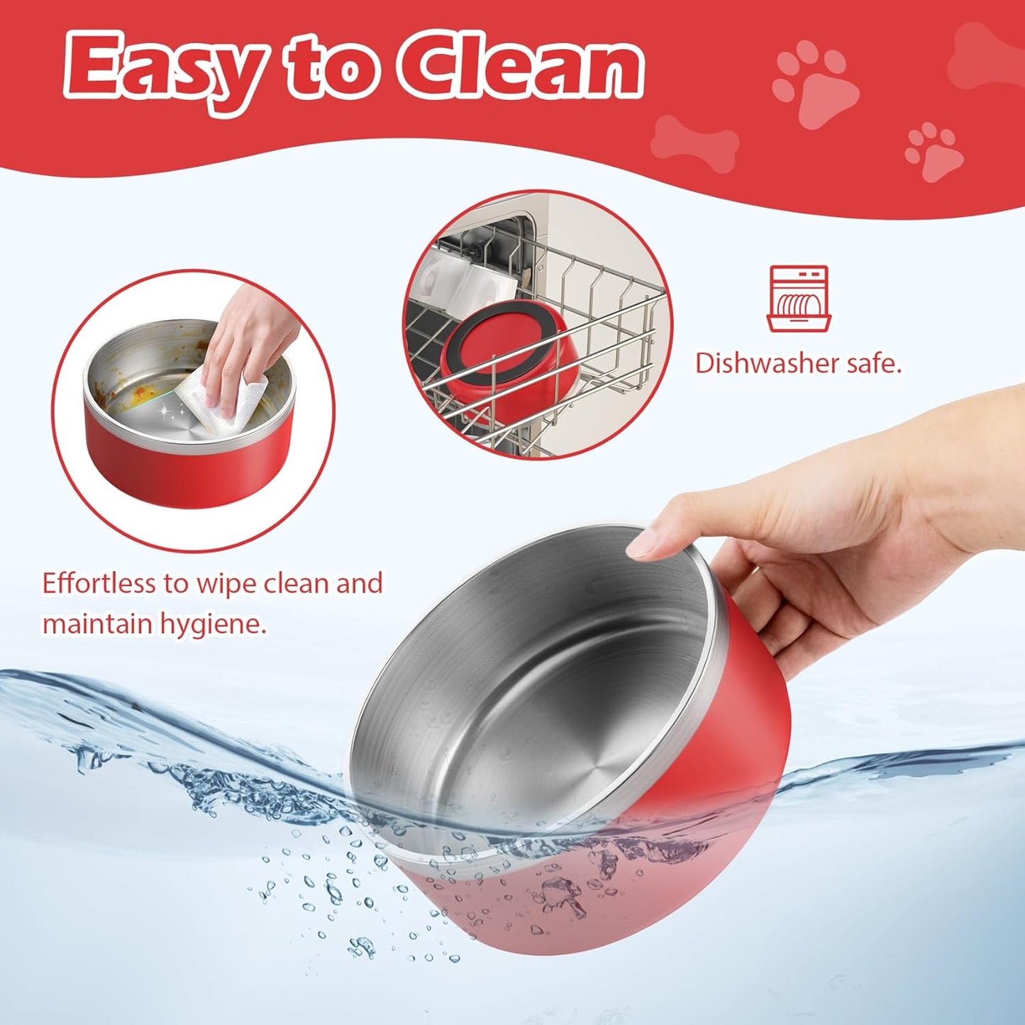 LIANLAI Dog Bowls Large Sized, Rust-Resistant Stainless Steel Dog Bowls, Non Slip Puppy Dishes, Dishwasher Safe (Red，64 oz)