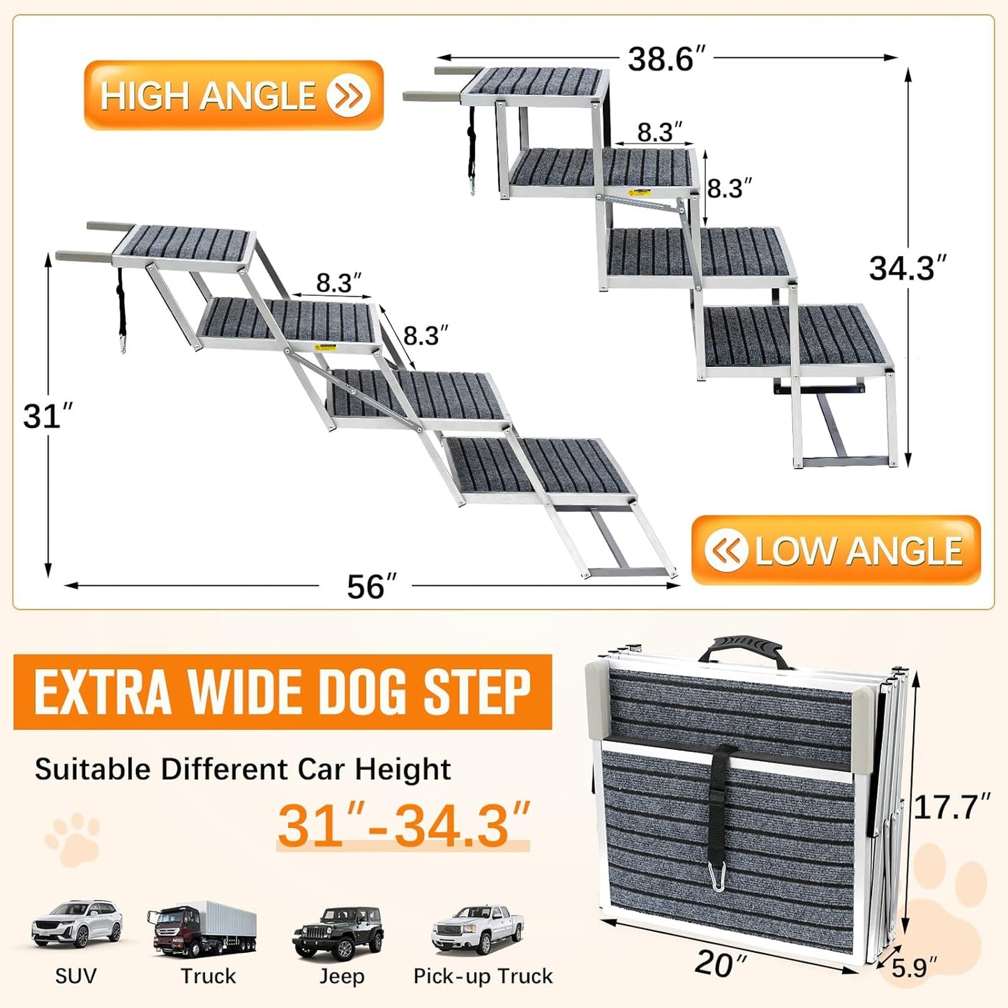 20" Extra Wide Dog Ramp, 4-Step Foldable Pet Stairs with Non-Slip Carpet - Lightweight Aluminum for SUV/Truck/Car & High Beds - Supports Large Dogs up to 200Lbs
