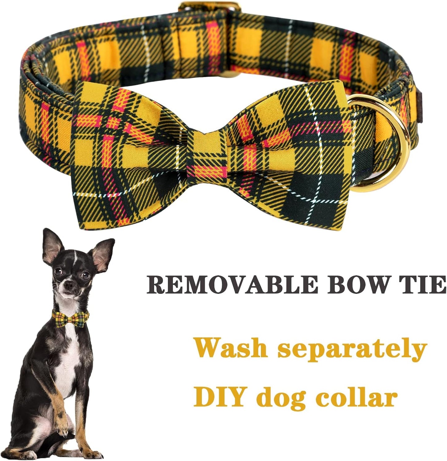 Unique Style Paws Bowtie Dog Collar - Cotton Plaid Adjustable for Small Medium Large Dogs - XL