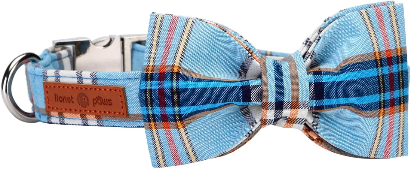 Lionet Paws Boy Dog Collar with Bowtie, Comfortable Adjustable Cute Blue Plaid Bow Tie Collar for Male Puppies and Cats Gift, XS, Neck 8-12 inches
