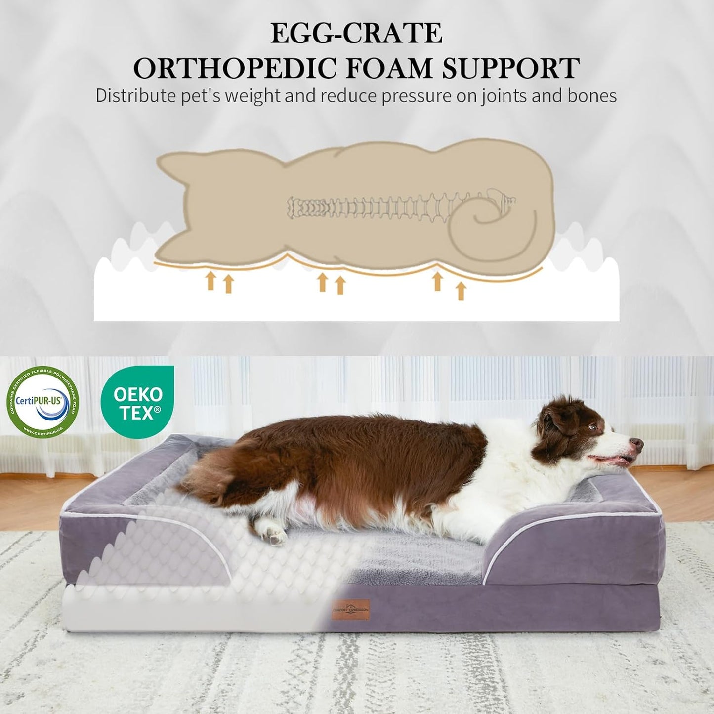 Comfort Expression Large Dog Beds Waterproof Orthopedic Foam Dog Sofa Beds Comfy Pet Bed with Washable Removable Cover & Non-Slip Bottom(Large,Purple)