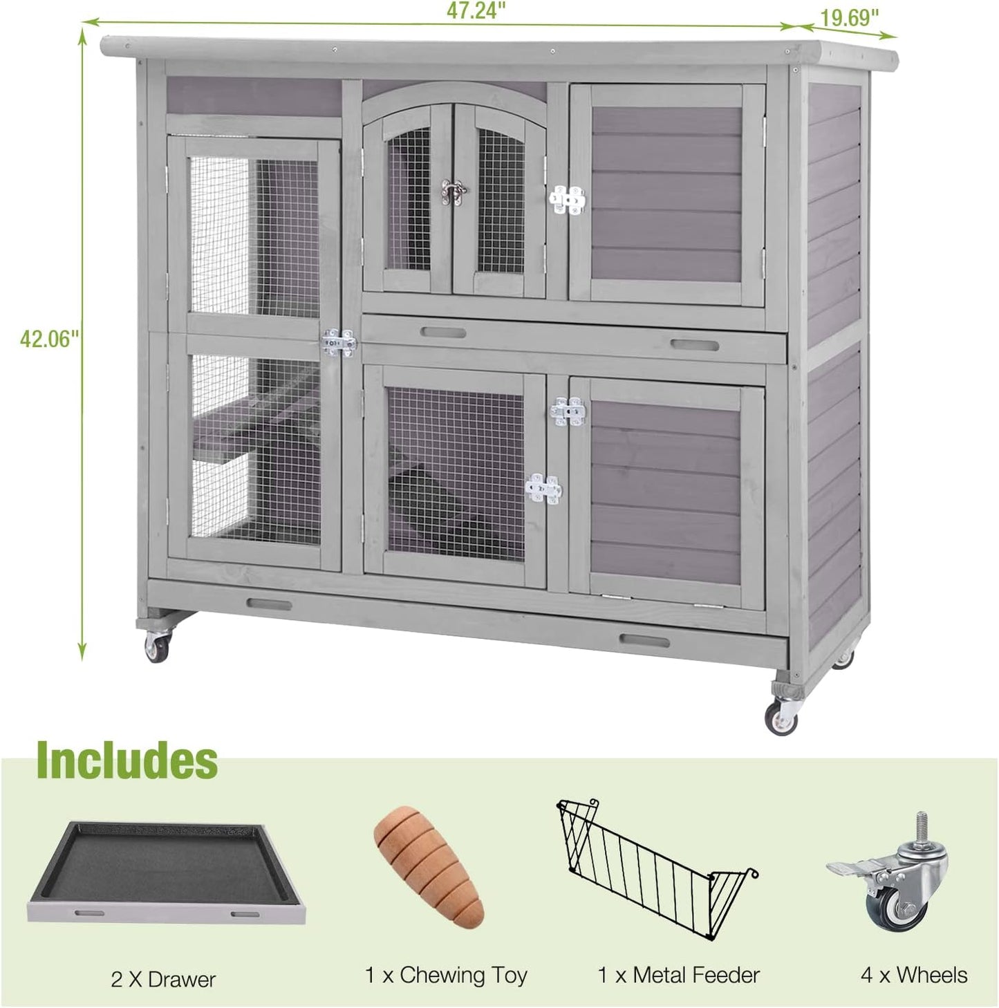 GUTINNEEN Rabbit Hutch Indoor Outdoor Bunny House Guinea Pig Cage on Wheel with Plastic Tray 47inch