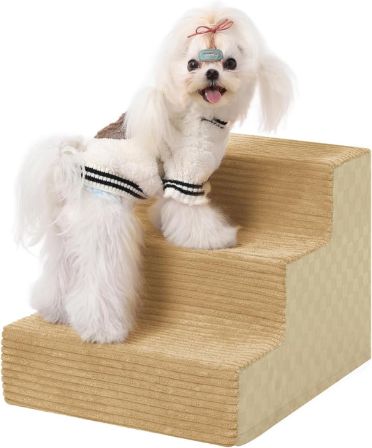 Dog Stairs for Small Dogs,13" H,3-Step Dog Steps for Bed and Couch with High Density Foam,Non-Slip Pet Steps for Doggy and Cat,Pet Stairs with a Washable Cover,Khaki