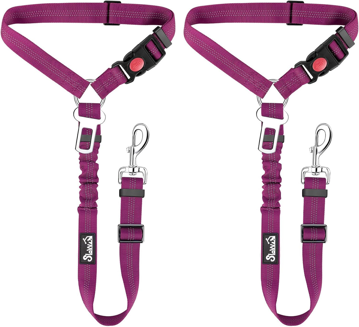 SlowTon Dog Seat Belt, 2 Pack Harness Seatbelt Adjustable With Elastic Bungee Buffer, 2 in 1 Pet Car Leash Headrest Restraint Reflective Safety Tether (Fushia, Dual Restraint)