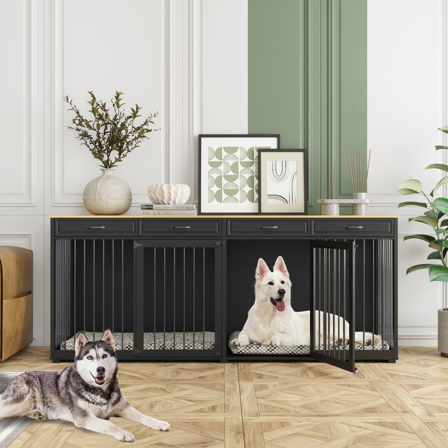 Extra Large Dog Crate with Double Rooms, 93" Heavy Duty Wooden Dog Cage Furniture Dog Crate Kennel w/Drawers & Removable Divider,Indoor Luxury Dog House for Large Dogs,Black