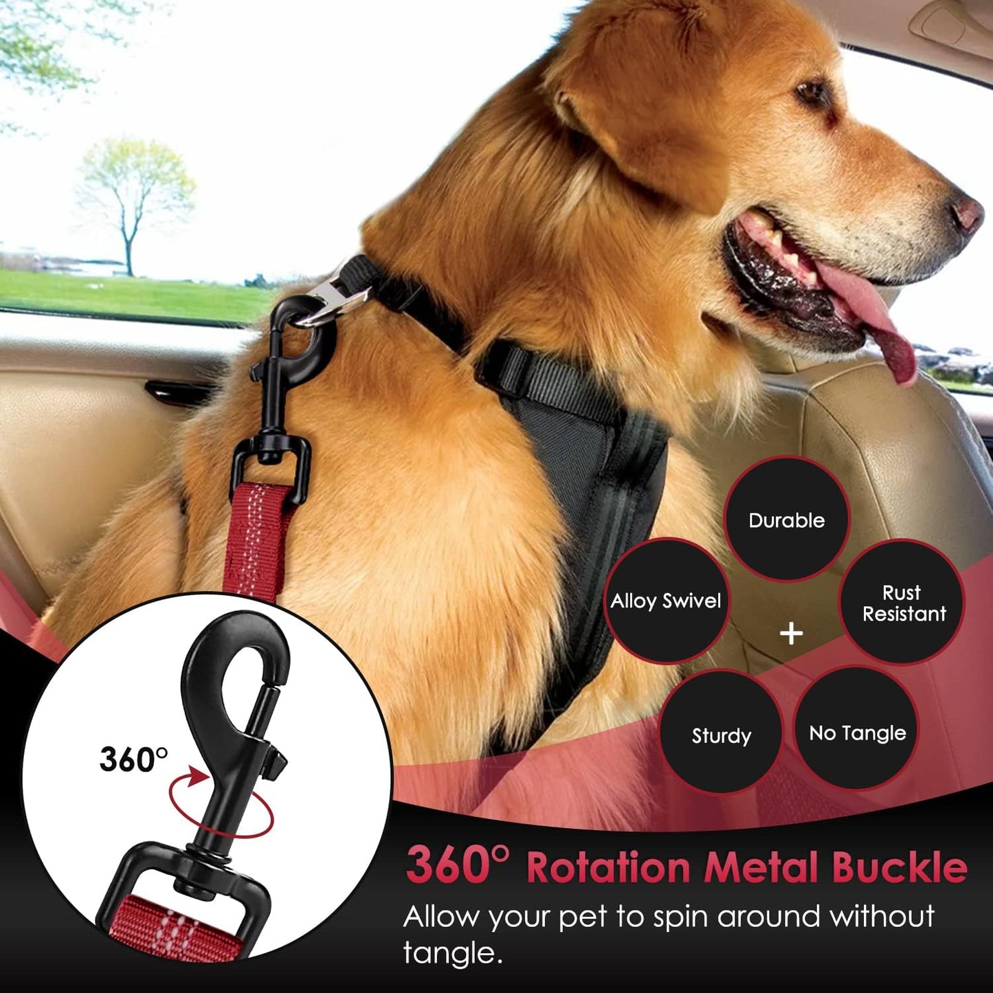 SlowTon Dog Seat Belt, Adjustable Dog Safety Belt Leash, 2 in 1 Latch Bar Attachment Dog Car Seatbelt with Elastic Nylon Bungee Buffer, Reflective Nylon Belt Tether(Red 35.5in)