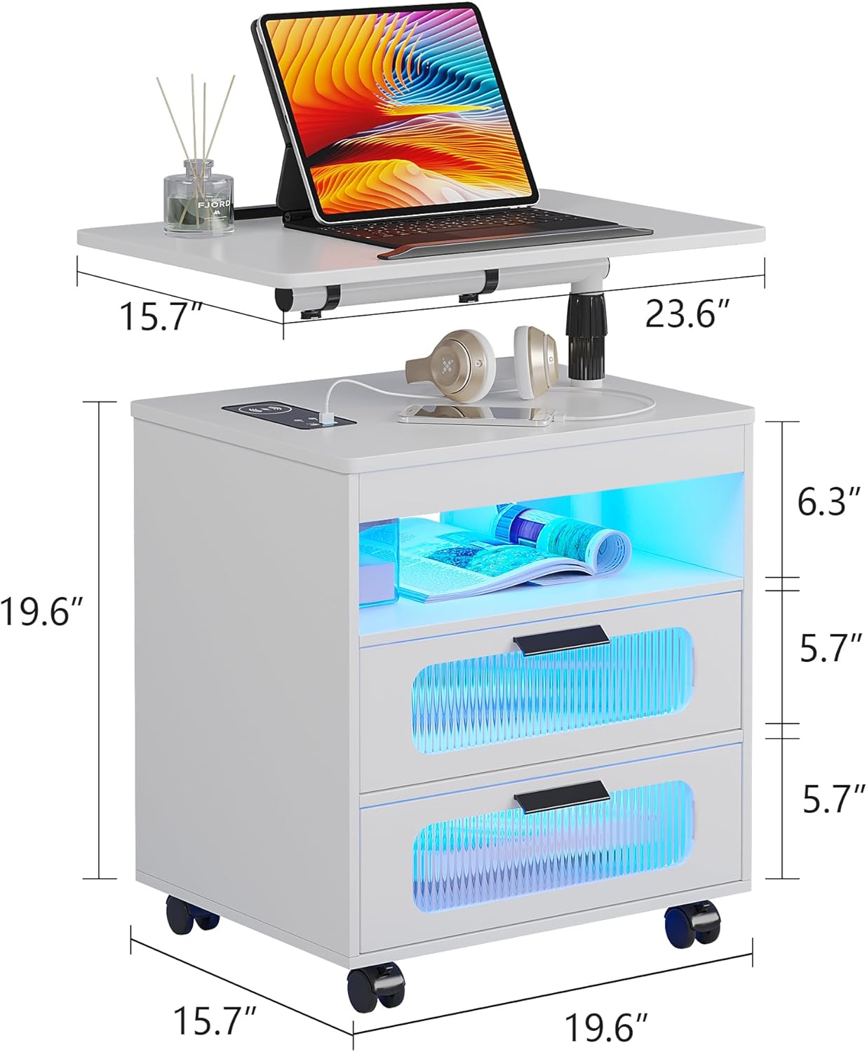 HNEBC Nightstand with Wireless Charging Station, LED Nightstand Has Adjustable Rotary Workstation,Smart Night Stand with 2 Drawers,Modern Bedside Table for Bedroom, Sensor Light/Wheel (White)