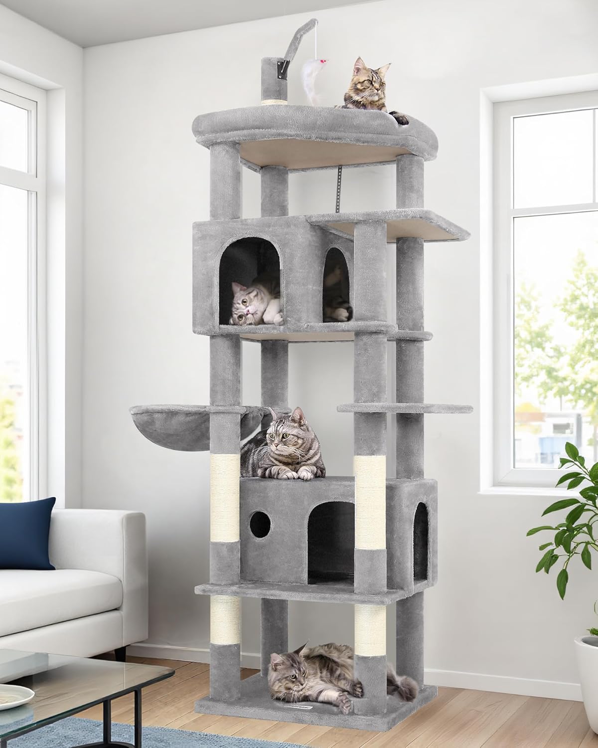 Globlazer Large Cat Tree Tower, Tall Cat Tree Condos for Indoor Cats Large Adult Cat Climbing Tower with 2 Spacious Caves, Oversized Top Perch, Big Hanging Basket, Cat Teaser Wand, F74B, Light Grey