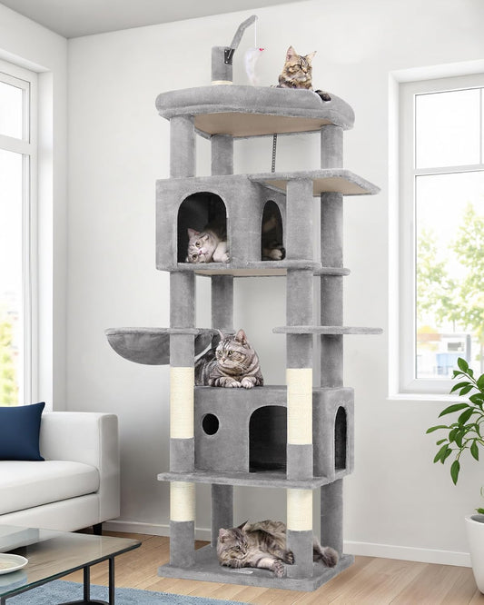 Globlazer Large Cat Tree Tower, Tall Cat Tree Condos for Indoor Cats Large Adult Cat Climbing Tower with 2 Spacious Caves, Oversized Top Perch, Big Hanging Basket, Cat Teaser Wand, F74B, Light Grey