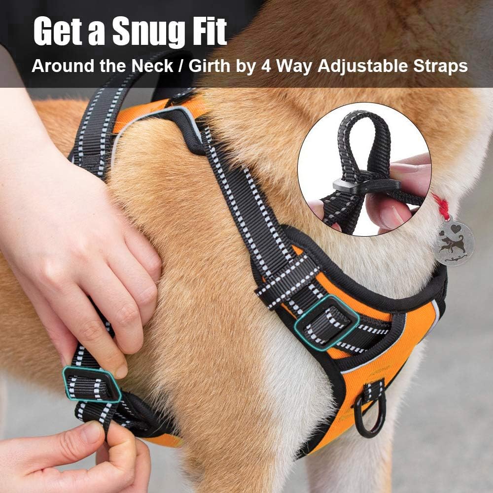 PoyPet No Pull Dog Harness, Reflective Comfortable Vest Harness with Front & Back 2 Leash Attachments and Easy Control Handle Adjustable Soft Padded Pet Vest for Small to Large Dogs (Orange,XL)