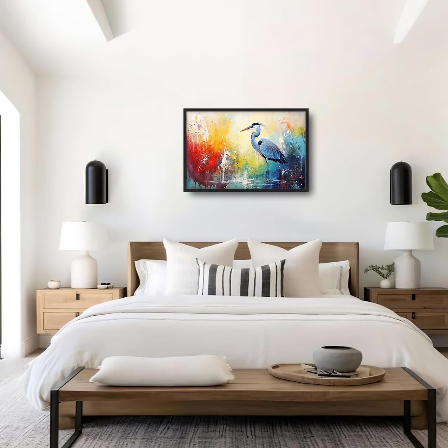 Extra Large Framed Abstract Heron Wall Art,Oversized Colorful Graffiti Heron Wall Decor Pictures for Living Room,Canvas Print Painting Modern Artwork Bedroom Office Bathroom Home Decor 36L x 24W