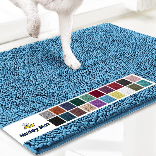 Muddy Mat® AS-SEEN-ON-TV Highly Absorbent Microfiber Door Mat and Pet Rug, Non Slip Thick Washable Area and Bath Mat Soft Chenille for Kitchen Bathroom Bedroom Indoor and Outdoor - Sky Blue 24" x 120"