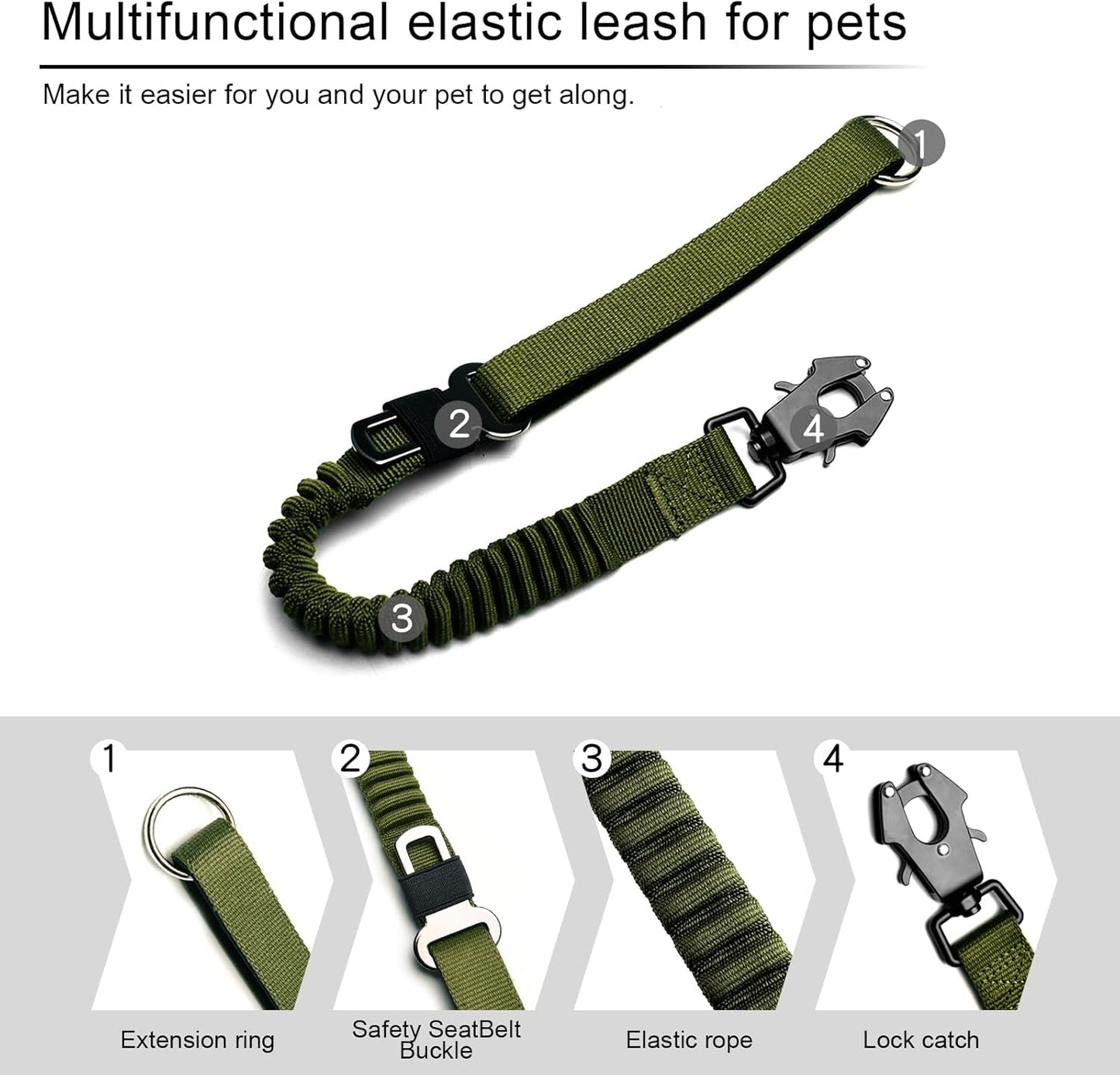 20” Strong Short Leash for Dog, Heavy Duty Bungee Dogs Leash with Padded Handle Car Seatbelt, Dog Training Leashs for Large or Medium Dogs - Can be Used with Other leashes (Army Green)