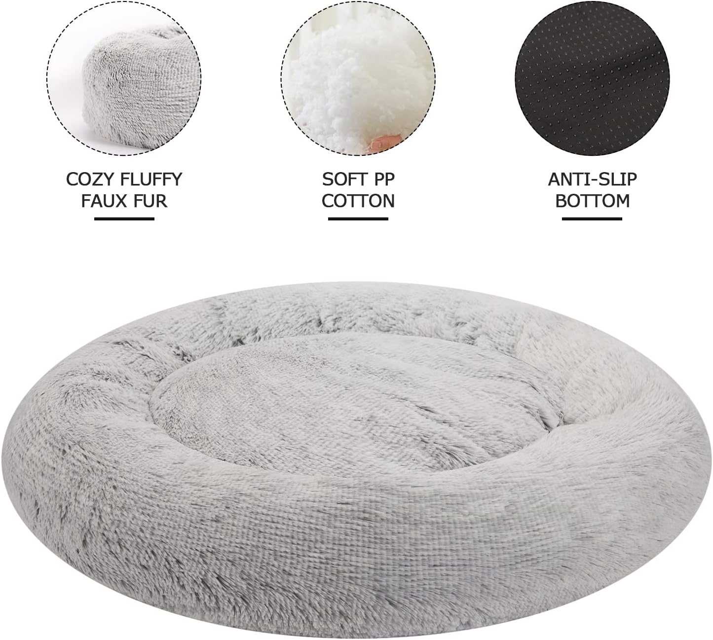 Bedfolks Calming Donut Extra Large Dog Bed, 45 Inches Round, Anti-Anxiety Plush, Washable with Non-Slip Bottom (Light Grey)