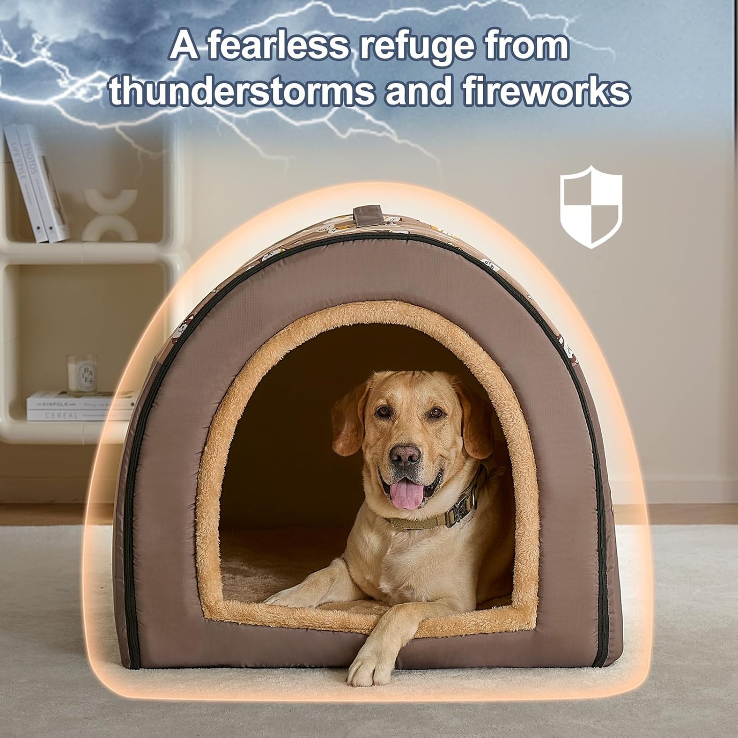 Jiupety 2 in 1 Dog House Indoor, Comfy Cave Bed Covered Dog Bed, Portable House for Large Dogs, 3XL(39"×32"×28"), Up to 90 Lb, Brown