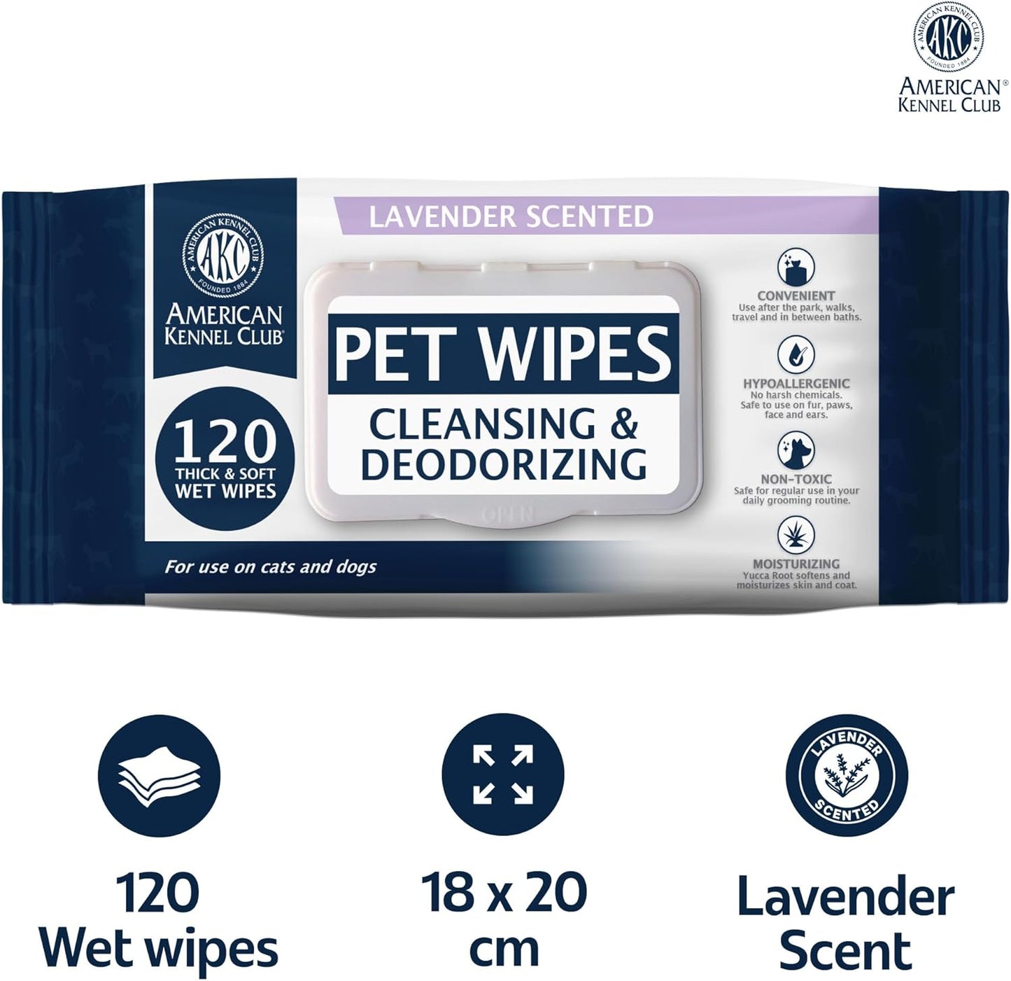 AKC Pet Wipes for Dogs & Cats – Hypoallergenic, Alcohol-Free Wipes for Paws, Face, Ears & Coat – Thick, Gentle Cleaning with Natural Aloe – Available in Lavender, Fresh & Oatmeal Scents