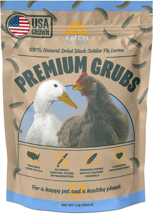 Eaton Pet and Pasture Premium Grubs, USA Grown Dried Black Soldier Fly Larvae, High Calcium Treat for Chickens, Ducks, Wild Birds (1 LB)