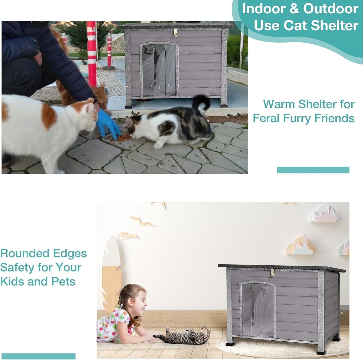 Indoor Outdoor Dog House,Anti-Chewing Iron Frame Dog Kennel,Wood Warm Pets Home,Weatherproof Outside Shelter for Feral Animal 33.5" (L) X 22" (W) X 25.2" (H) Grey