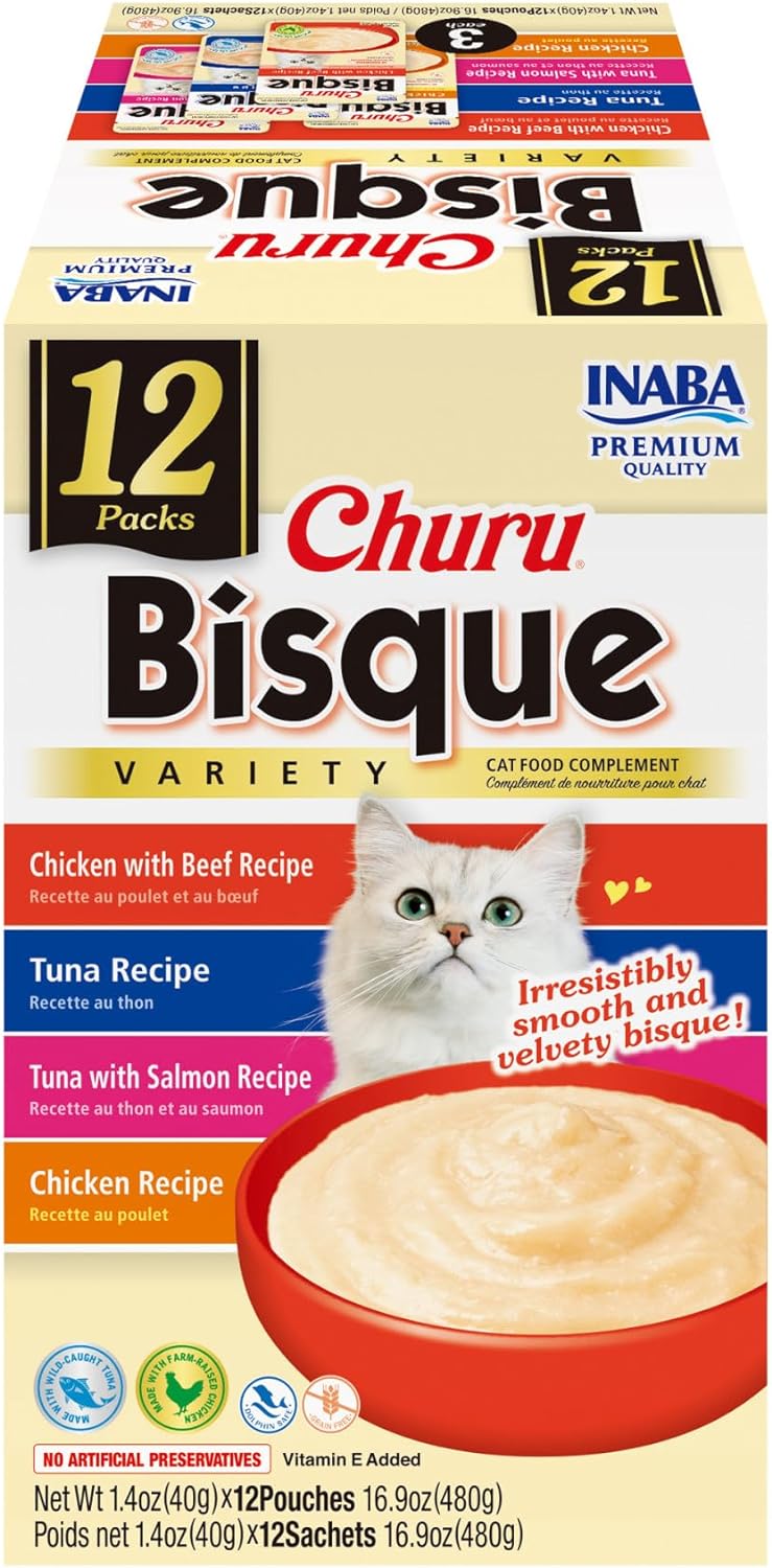INABA Churu Bisque for Cats, Creamy Lickable Purée Side Dish with Vitamin E, 1.4 Ounces per Pouch, 12 Pouches, Tuna & Chicken Variety