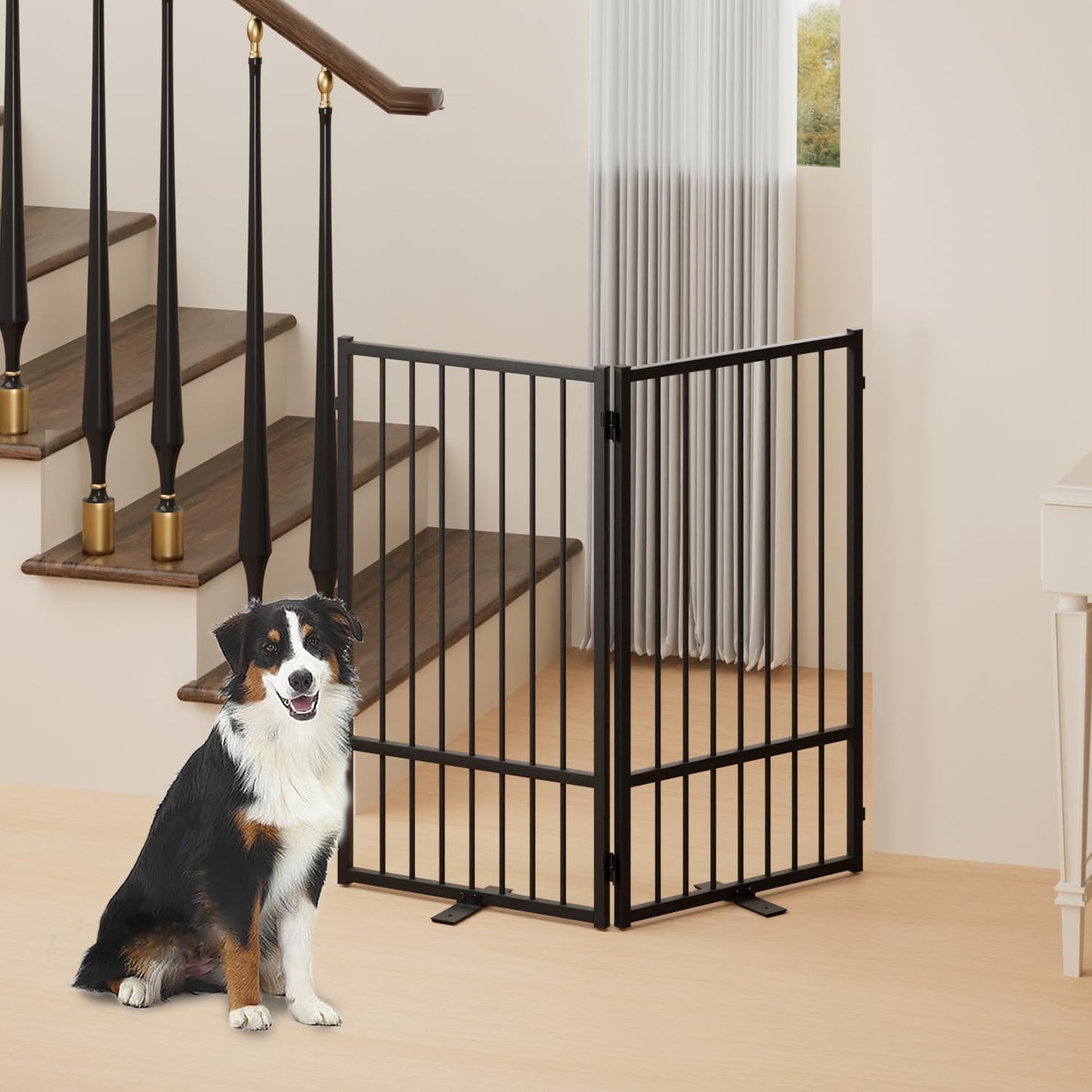 Full Metal Freestanding Dog Gate with Door, 36''Height Foldable Pet Dog Fence for Indoor & Outdoor, 2 Panels Extra Wide Free Standing TallDog Gates for Doorways,House,Stairs,Porch,Deck,Yard